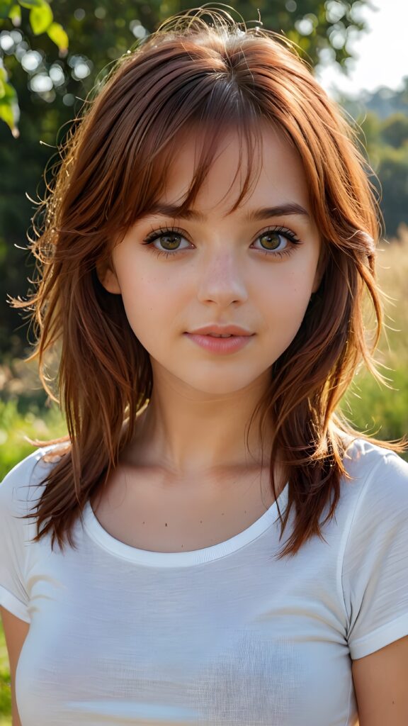 a detailed and realistic upper-body portrait from a teen model girl, 15 years old, against a natural backdrop, detailed soft auburn-red hair, her hair falls over her shoulders and reaches down to her waist, styled bangs, white short crop tight t-shirt, perfect curved body, ultra realistic round face, realistic amber eyes, kissable lips, she has opened her mouth slightly and looks seductively at the viewer, a photo with beautiful saturation, ultra high resolution, deep shadow, (best quality, masterpiece), break depth of field, film grain, ((full body view)) ((cute)) ((stunning))