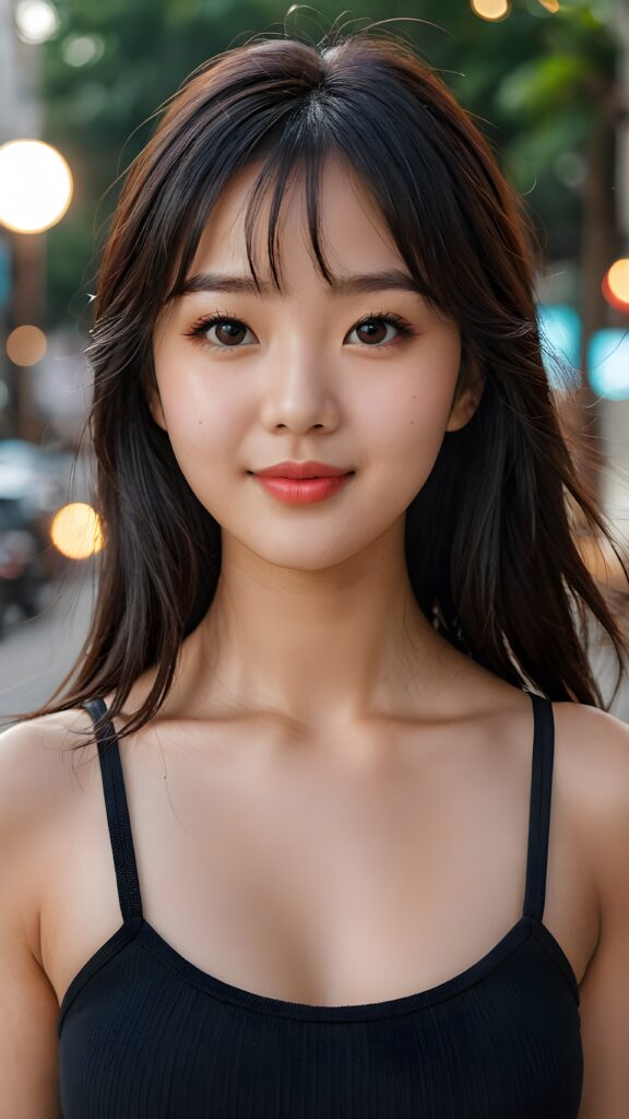 a (detailed and perfect portrait) of a (beautiful young cute Korean girl, warm smile, perfect body), round head and eyes, full red lips, with (very long, straight soft jet black hair), bangs cut, wearing a deep neckline cropped tank top