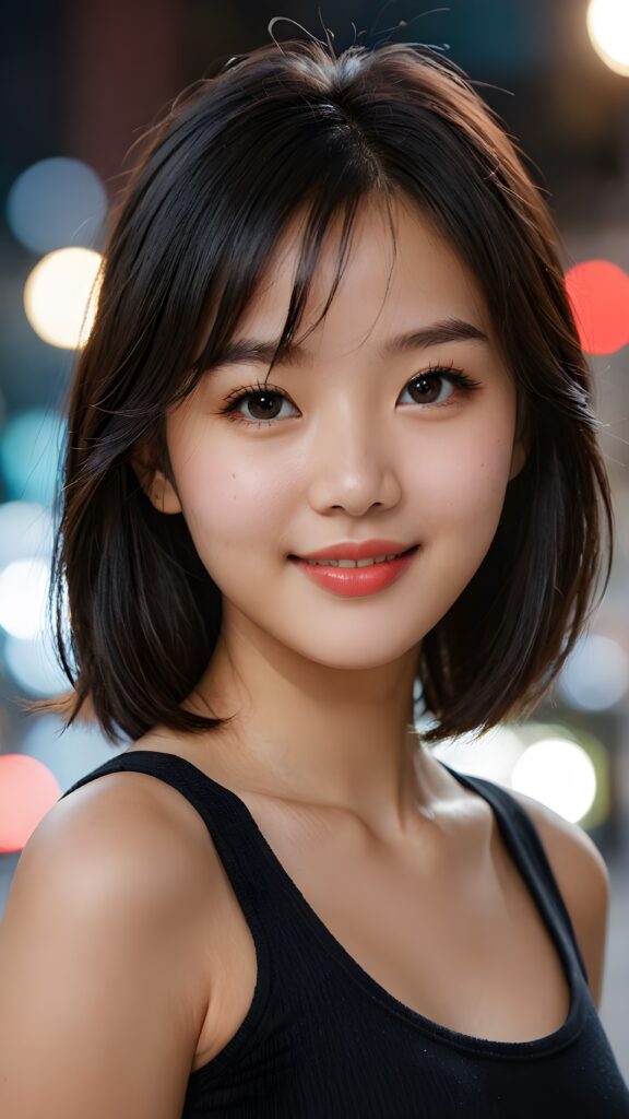 a (detailed and perfect portrait) of a (beautiful young cute Korean girl, warm smile, perfect body), round head and eyes, full red lips, with (very long, straight soft jet black hair), bangs cut, wearing a deep neckline cropped tank top