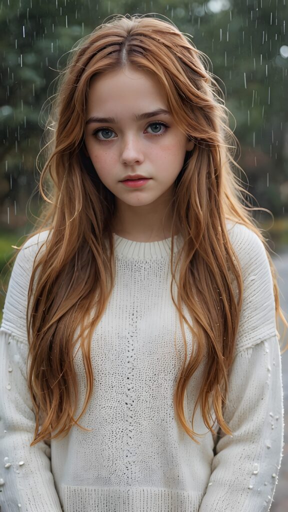 a detailed and realistic portrait of a sad teen girl with long amber hair, big eyes, lovesick and standing alone in the rain, wears a wet white sweater made of fine wool