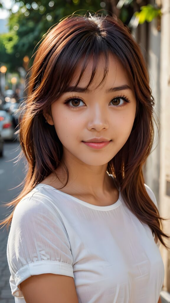 a detailed and realistic portrait from a Filipina teen girl, detailed hair, styled bangs, white short t-shirt, perfect curved body, ultra realistic face, realistic amber eyes, detailed maroon straight hair, a photo with beautiful saturation, ultra high resolution, deep shadow, (best quality, masterpiece), highly detailed, skinny, break depth of field, film grain, looking at viewer, warm smile, ((full body view)) (((cute))) (((elegant))) ((attractive)) ((female model)) ((stunning))