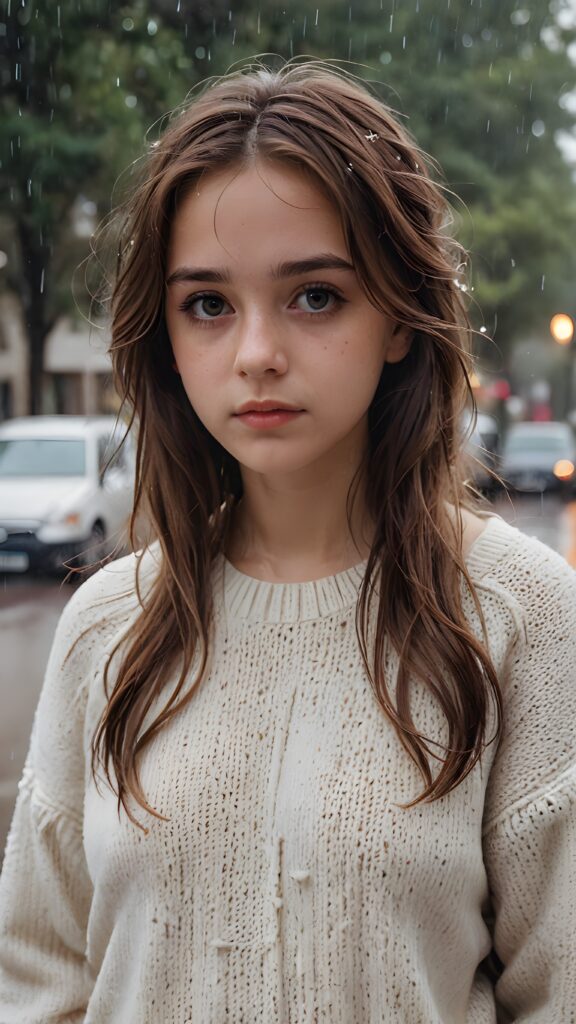 a detailed and realistic portrait of a sad teen girl with brown hair, big eyes, lovesick and standing alone in the rain, wears a wet white sweater made of fine wool