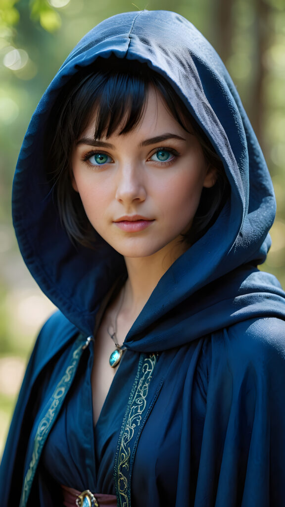 a detailed and realistic picture of: a young sorceress in a blue, tight cloak. She has black, short hair. The picture is very detailed with realistic shadows and soft light. She has a girlish, round face with light green eyes.