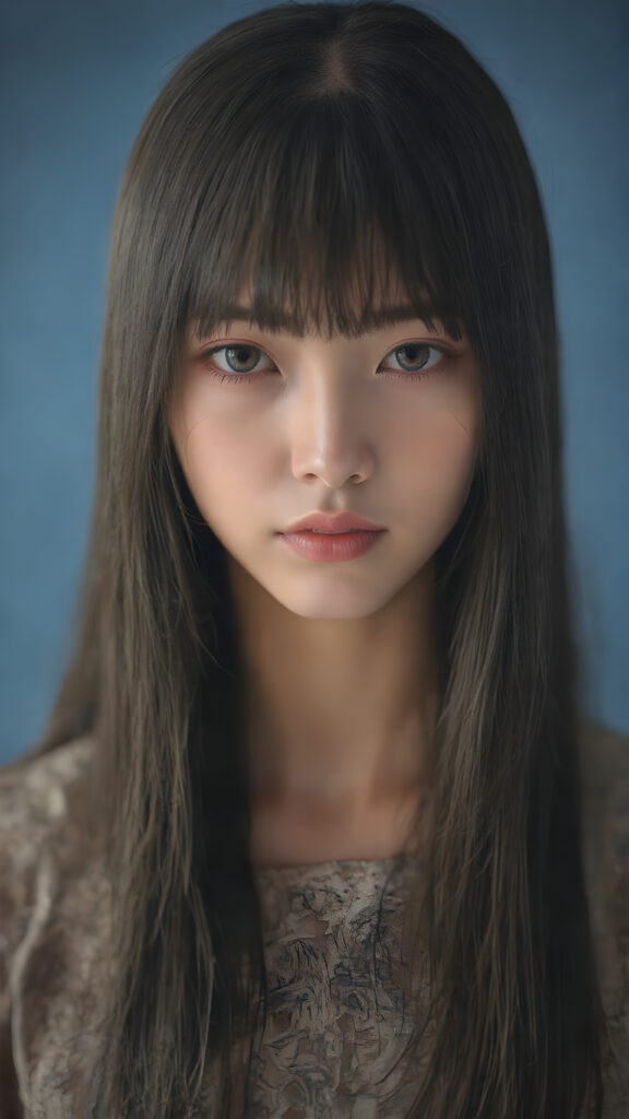 a detailed and realistic (((Japanese teen girl))) with intricate details and ornate patterns, luxurious black long straight hair with side-swept bangs, ((blue background)), perfect light and shadow, ((stunning)), ((gorgeous))