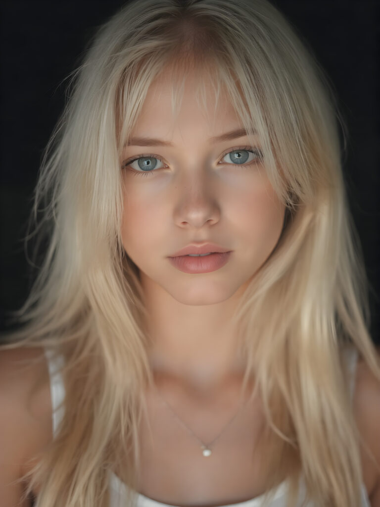 a detailed and realistic portrait, full body, warm tones, cute teen girl, stunning, gorgeous long, straight soft white hair, cropped short white tank top, full lips, black background, perfect shadows and light, no necklance