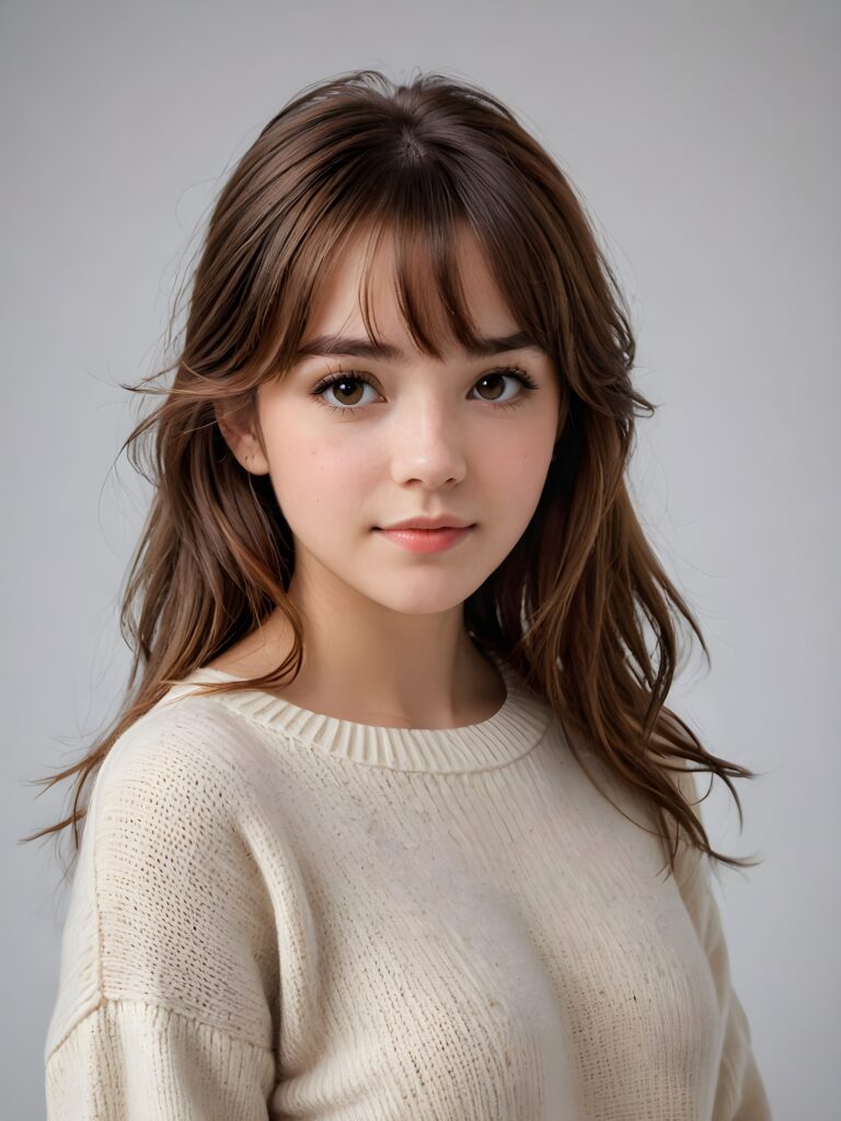 a detailed and realistic photo, a breathtakingly realistic (((portrait))), capturing the essence of a youthful teen girl with a flawlessly proportioned upper body, long, straight soft mahogany brown hair, bangs cut, aged 15, wears a thin wool sweater, posed confidently before the viewer, ((a white canvas as a background)), ((side view))