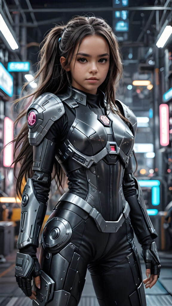 a detailed dark young girl in a battle suit in cyber punk style, she has long hair, full body shot, black and white pencil draw