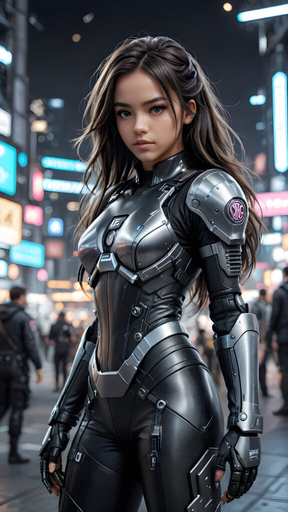 a detailed dark young girl in a battle suit in cyber punk style, she has long hair, full body shot, black and white pencil draw