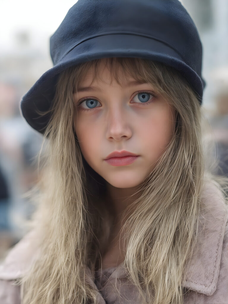 a detailed perfect portrait with pastel colors, young girl, 13 years old, she wears a black round hat, a ((coat)), she look at the viewer, detailed shiny straight soft long hair, full lips, round detailed face ((cute)), ((gorgeous)), upper body view