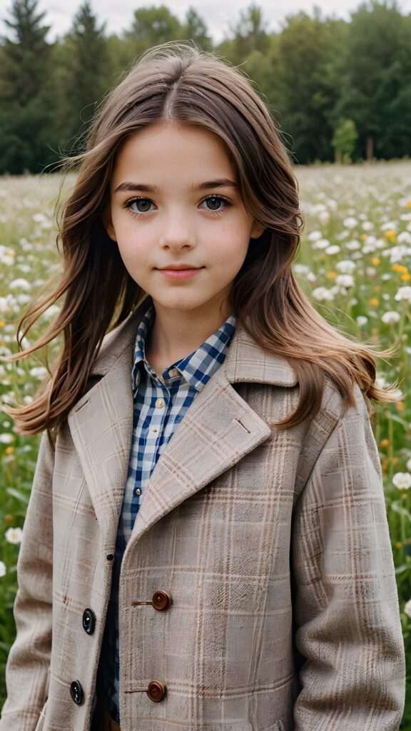 a detailed perfect portrait with pastel colors, young girl, 13 years old, stands in a flower meadow. She wears a ((checkered coat in brown and grey)) and black shirt, she look at the viewer, detailed shiny straight brown hair, blue eyes, round detailed face