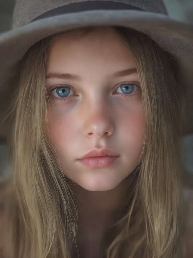 a detailed perfect portrait with pastel colors, young girl, 13 years old, she wears a hat, a ((coat)), she look at the viewer, detailed shiny straight soft long hair, full lips, round detailed face ((cute)), ((gorgeous)), upper body view