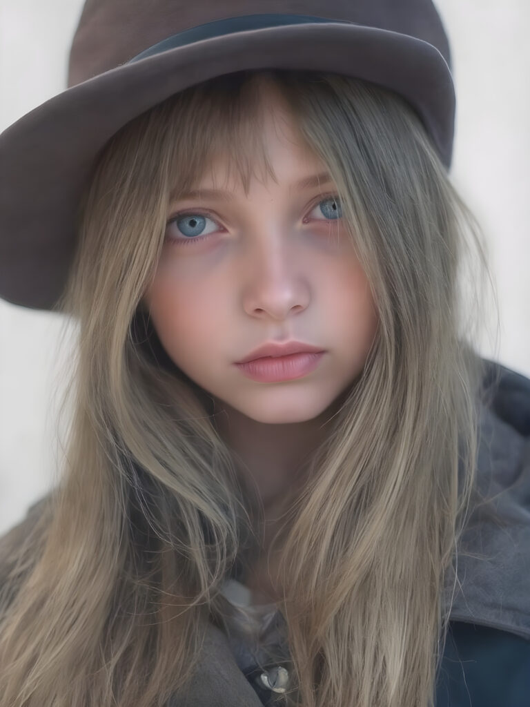 a detailed perfect portrait with pastel colors, young girl, 13 years old, she wears a hat, a ((coat)), she look at the viewer, detailed shiny straight soft long hair, full lips, round detailed face ((cute)), ((gorgeous)), upper body view