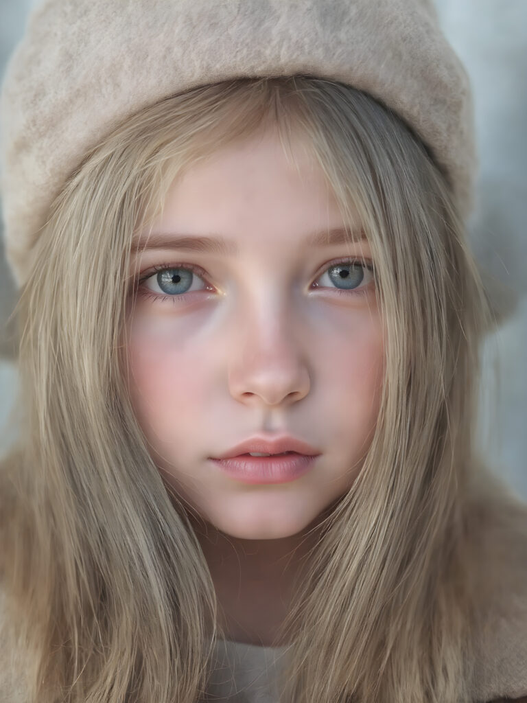 a detailed perfect portrait with pastel colors, young girl, 13 years old, she wears a hat, a ((coat)), she look at the viewer, detailed shiny straight soft long hair, full lips, round detailed face ((cute)), ((gorgeous)), upper body view