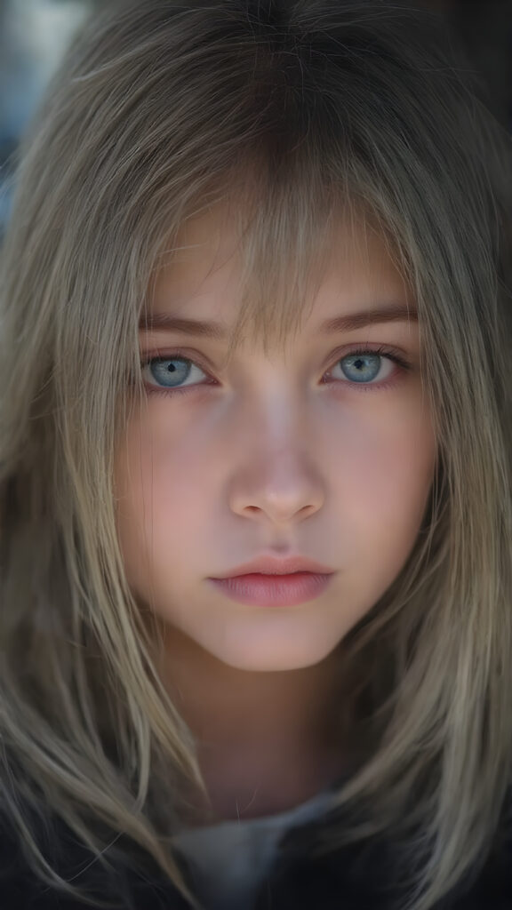 a detailed perfect portrait, young girl, 13 years old, she wears a ((coat)), she look at the viewer, detailed shiny ((straight soft long soft ash grey hair)), full lips, round detailed face ((cute)), ((gorgeous)), detailed amber eyes, cinematic