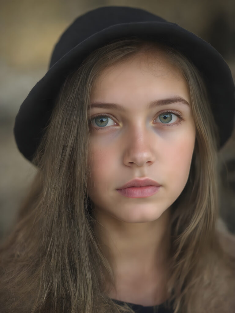 a detailed perfect portrait with pastel colors, young girl, 13 years old, she wears a black round hat, a ((coat)), she look at the viewer, detailed shiny straight soft long hair, full lips, round detailed face ((cute)), ((gorgeous)), upper body view