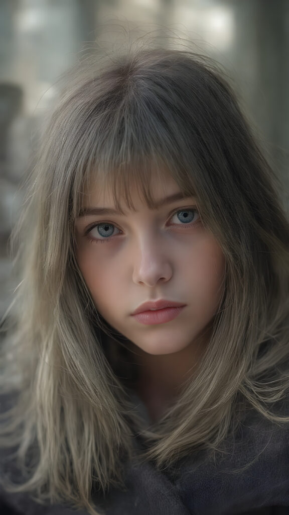 a detailed perfect portrait, young girl, 13 years old, she wears a ((coat)), she look at the viewer, detailed shiny ((straight soft long soft ash grey hair)), full lips, round detailed face ((cute)), ((gorgeous)), detailed amber eyes, cinematic