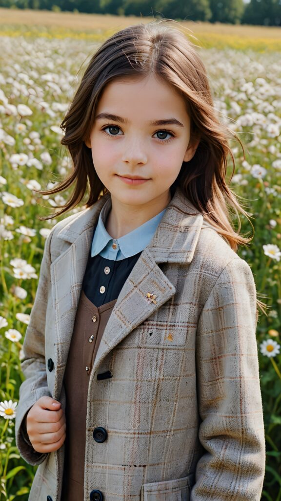 a detailed perfect portrait with pastel colors, young girl, 13 years old, stands in a flower meadow. She wears a ((checkered coat in brown and grey)) and black shirt, she look at the viewer, detailed shiny straight brown hair, blue eyes, round detailed face