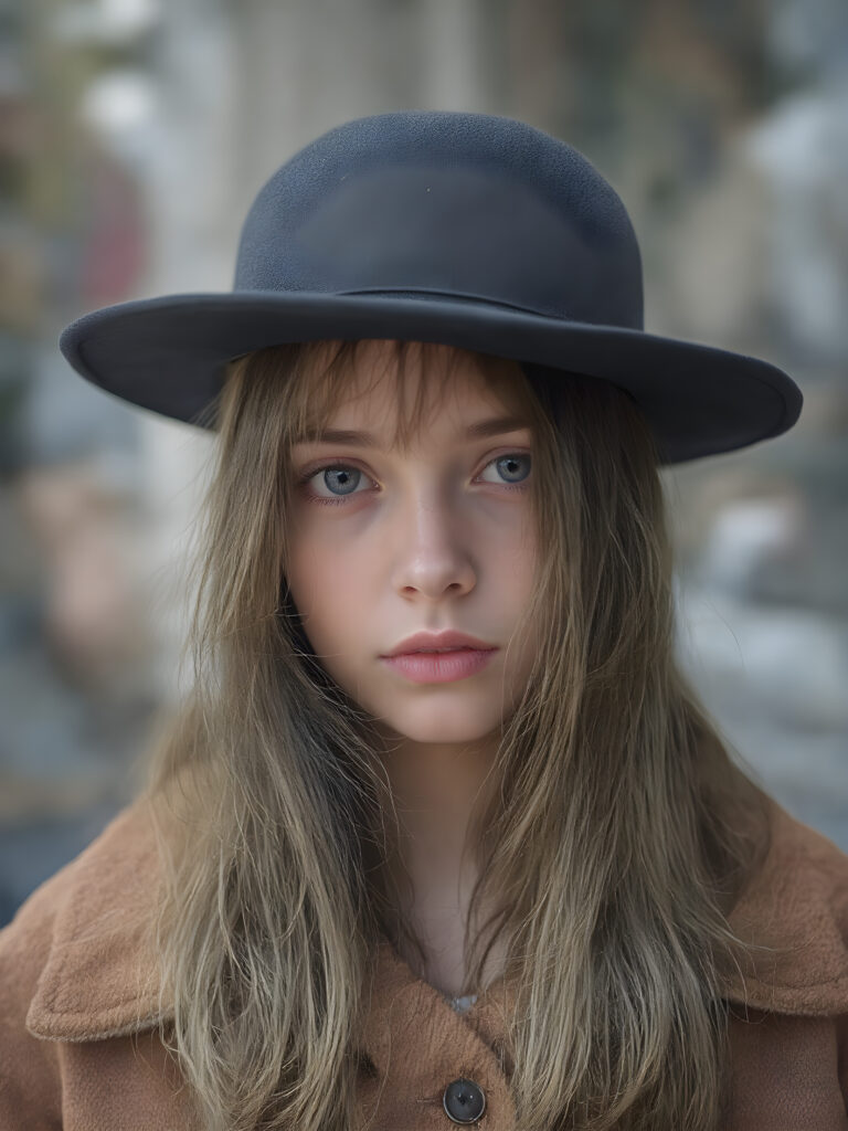 a detailed perfect portrait with pastel colors, young girl, 13 years old, she wears a black round hat, a ((coat)), she look at the viewer, detailed shiny straight soft long hair, full lips, round detailed face ((cute)), ((gorgeous)), upper body view