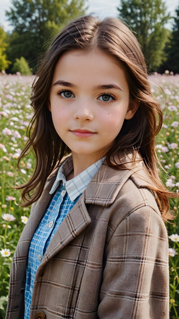 a detailed perfect portrait with pastel colors, young girl, 13 years old, stands in a flower meadow. She wears a ((checkered coat in brown and grey)) and black shirt, she look at the viewer, detailed shiny straight brown hair, blue eyes, round detailed face