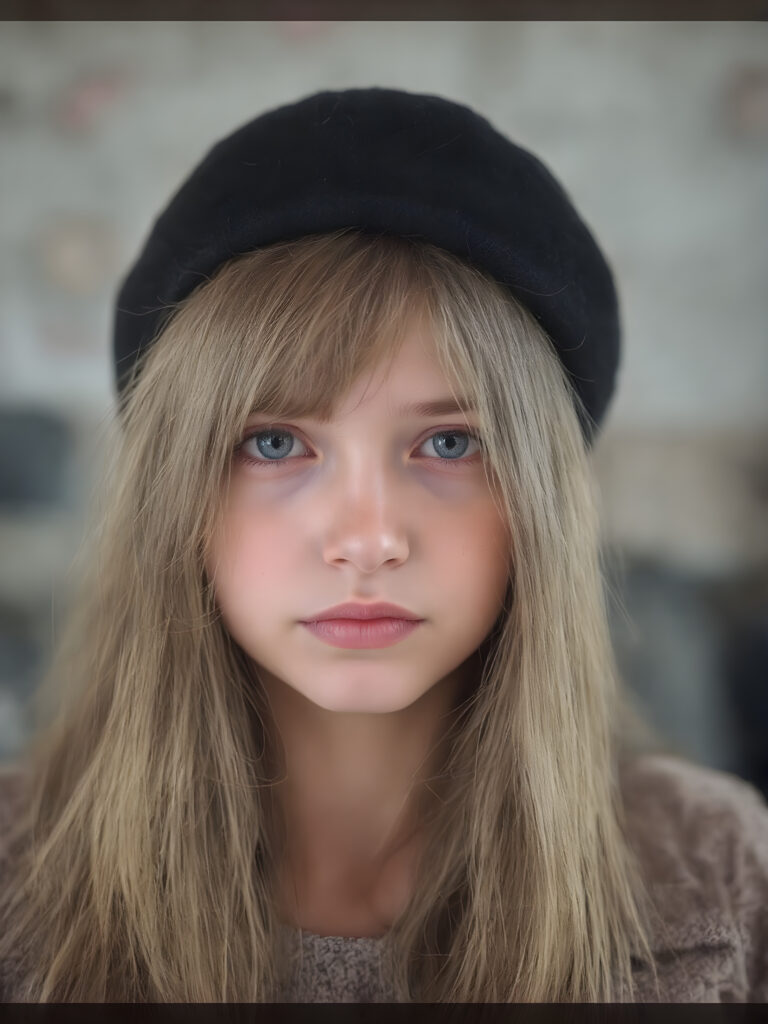 a detailed perfect portrait with pastel colors, young girl, 13 years old, she wears a black round hat, a ((coat)), she look at the viewer, detailed shiny straight soft long hair, full lips, round detailed face ((cute)), ((gorgeous)), upper body view