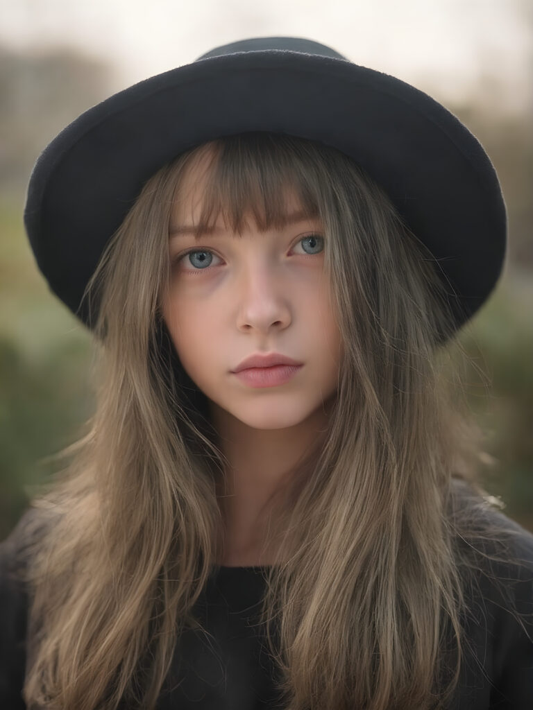 a detailed perfect portrait with pastel colors, young girl, 13 years old, she wears a black round hat, a ((coat)), she look at the viewer, detailed shiny straight soft long hair, full lips, round detailed face ((cute)), ((gorgeous)), upper body view