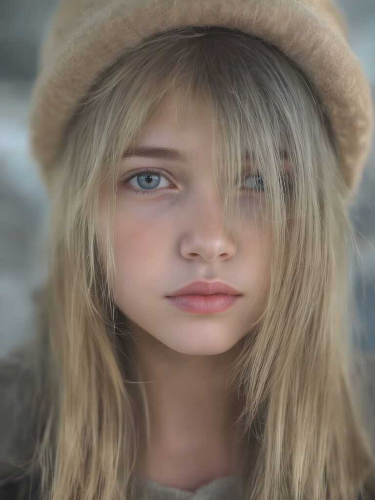 a detailed perfect portrait with pastel colors, young girl, 13 years old, she wears a hat, a ((coat)), she look at the viewer, detailed shiny straight soft long hair, full lips, round detailed face ((cute)), ((gorgeous)), upper body view