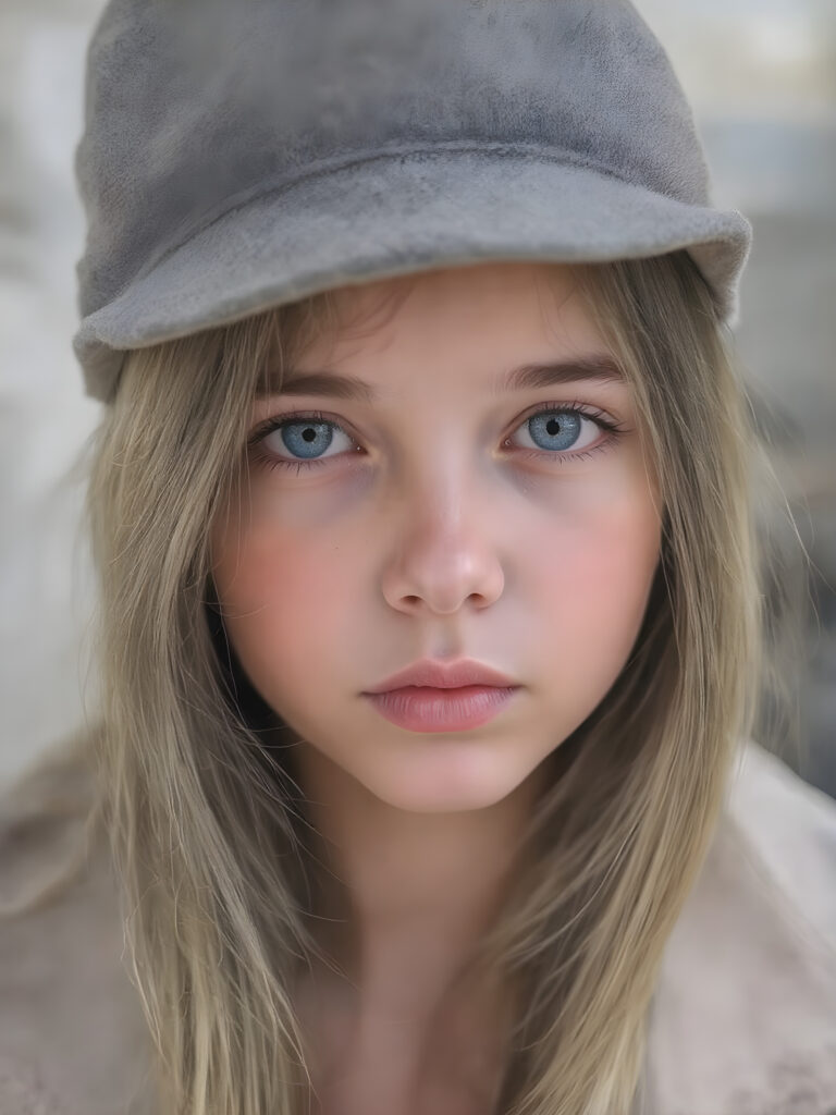 a detailed perfect portrait with pastel colors, young girl, 13 years old, she wears a hat, a ((coat)), she look at the viewer, detailed shiny straight soft long hair, full lips, round detailed face ((cute)), ((gorgeous)), upper body view