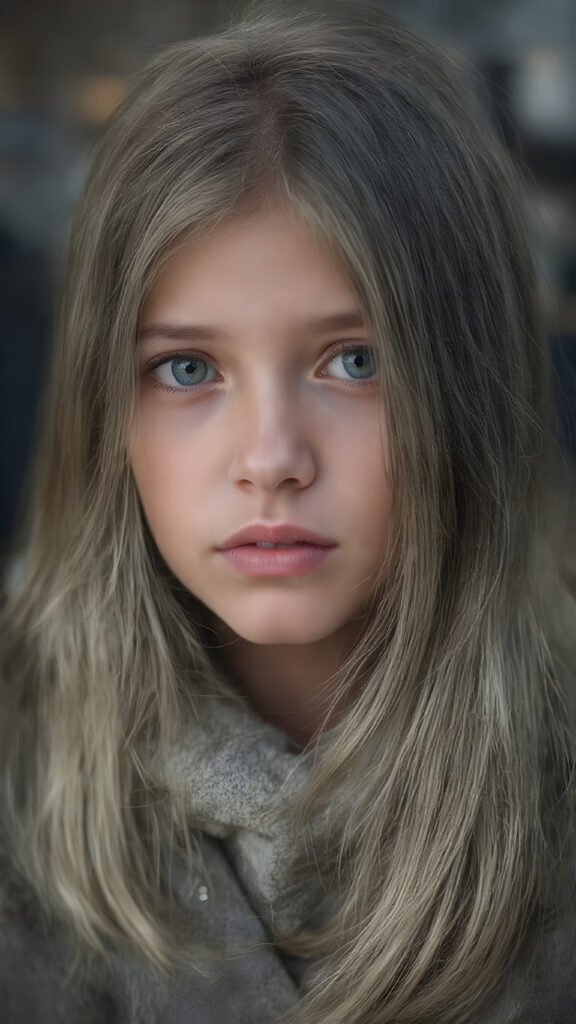 a detailed perfect portrait, young girl, 13 years old, she wears a ((coat)), she look at the viewer, detailed shiny ((straight soft long soft ash grey hair)), full lips, round detailed face ((cute)), ((gorgeous)), detailed amber eyes, cinematic