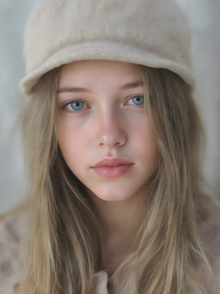 a detailed perfect portrait with pastel colors, young girl, 13 years old, she wears a hat, a ((coat)), she look at the viewer, detailed shiny straight soft long hair, full lips, round detailed face ((cute)), ((gorgeous)), upper body view