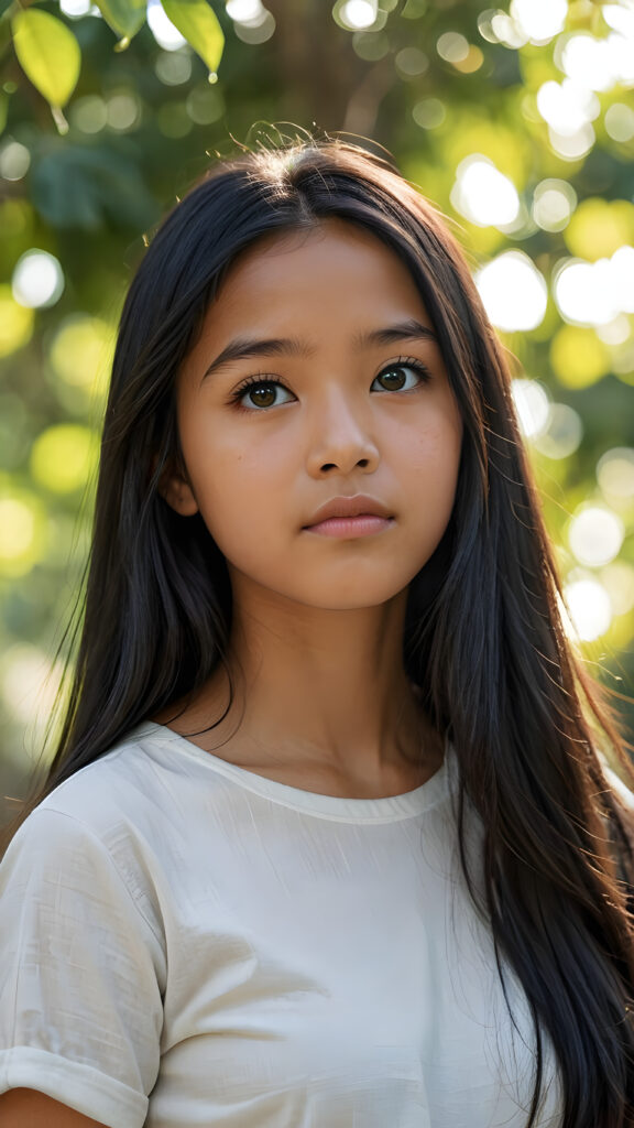 a detailed pictures, featuring a beautifully drawn face of a young brown-skinned Filipino teen girl, 14 years old, ((long straight black soft hair)), (((looking away))), her expression is one of thoughtful suspense, her gaze fixed on a point that suggests the viewer's eye, as if drawn by a (((graphic novel style))), down blouse, full body, pictured from side, looking away, covering her chest with her hands. looking away, suspicious expression, dynamic body pose