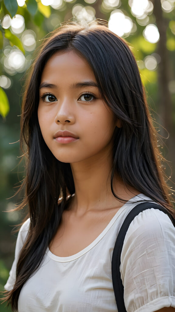 a detailed pictures, featuring a beautifully drawn face of a young brown-skinned Filipino teen girl, 14 years old, ((long straight black soft hair)), (((looking away))), her expression is one of thoughtful suspense, her gaze fixed on a point that suggests the viewer's eye, as if drawn by a (((graphic novel style))), down blouse, full body, pictured from side, looking away, covering her chest with her hands. looking away, suspicious expression, dynamic body pose