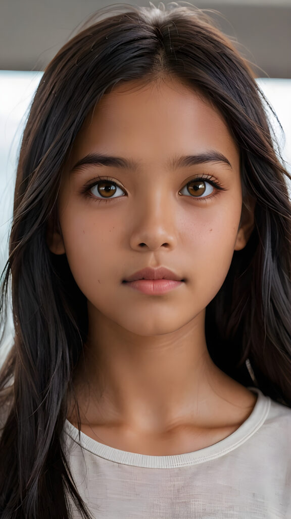 a detailed pictures, featuring a beautifully drawn face of a young brown-skinned Filipino teen girl, 13 years old, ((long straight raven-black soft hair)), ((round detailed face, amber eyes)), (((looking away))), her expression is one of thoughtful suspense, her gaze fixed on a point that suggests the viewer's eye, as if drawn by a (((graphic novel style))), down blouse, full body, pictured from side