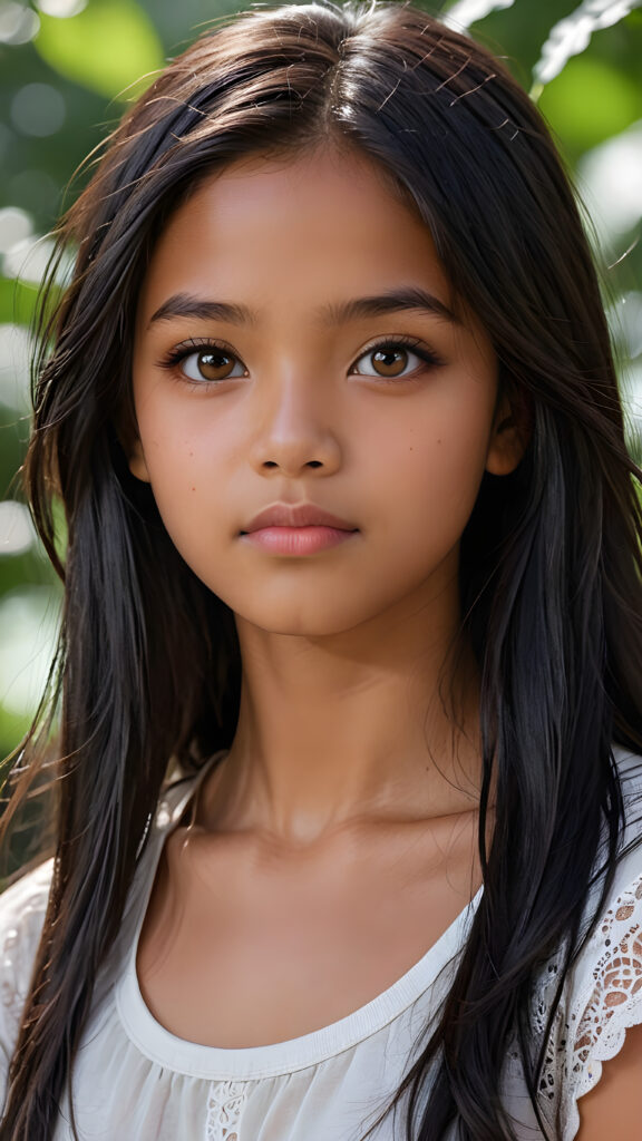 a detailed pictures, featuring a beautifully drawn face of a young brown-skinned Filipino teen girl, 13 years old, ((long straight raven-black soft hair)), ((round detailed face, amber eyes)), (((looking away))), her expression is one of thoughtful suspense, her gaze fixed on a point that suggests the viewer's eye, as if drawn by a (((graphic novel style))), down blouse, full body, pictured from side