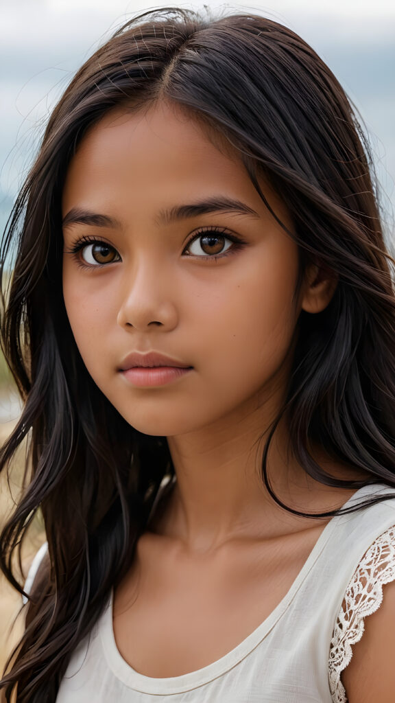 a detailed pictures, featuring a beautifully drawn face of a young brown-skinned Filipino teen girl, 13 years old, ((long straight raven-black soft hair)), ((round detailed face, amber eyes)), (((looking away))), her expression is one of thoughtful suspense, her gaze fixed on a point that suggests the viewer's eye, as if drawn by a (((graphic novel style))), down blouse, full body, pictured from side