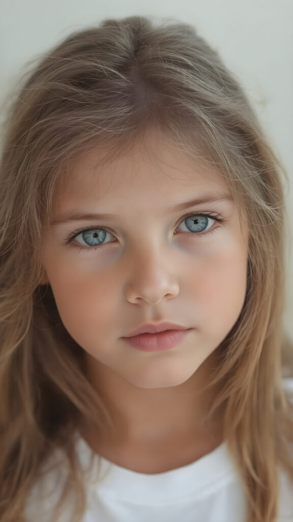 a (detailed portrait) from a tanned (young innocent girl), round, angelic face, flawless soft skin, long soft straight light brown hair, white t-shirt, light blue eyes, (full kissable lips)