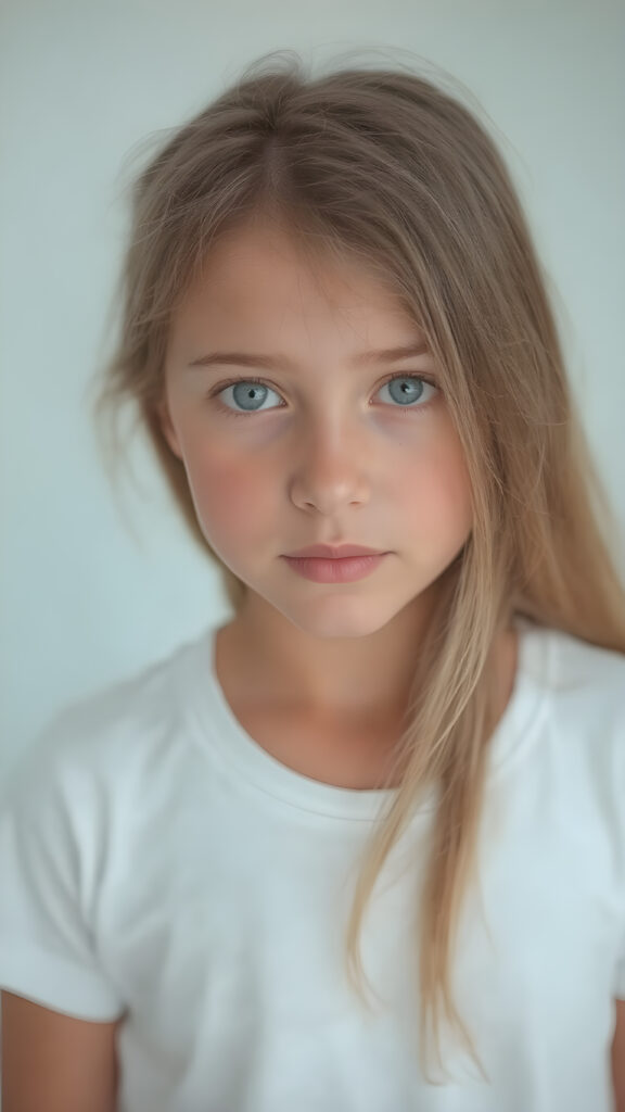 a (detailed portrait) from a tanned (young innocent girl), round, angelic face, flawless soft skin, long soft straight light brown hair, white t-shirt, light blue eyes, (full kissable lips)