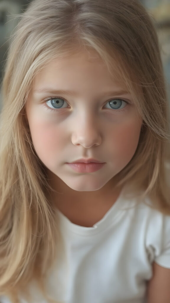 a (detailed portrait) from a tanned (young innocent girl), round, angelic face, flawless soft skin, long soft straight light brown hair, white t-shirt, light blue eyes, (full kissable lips)