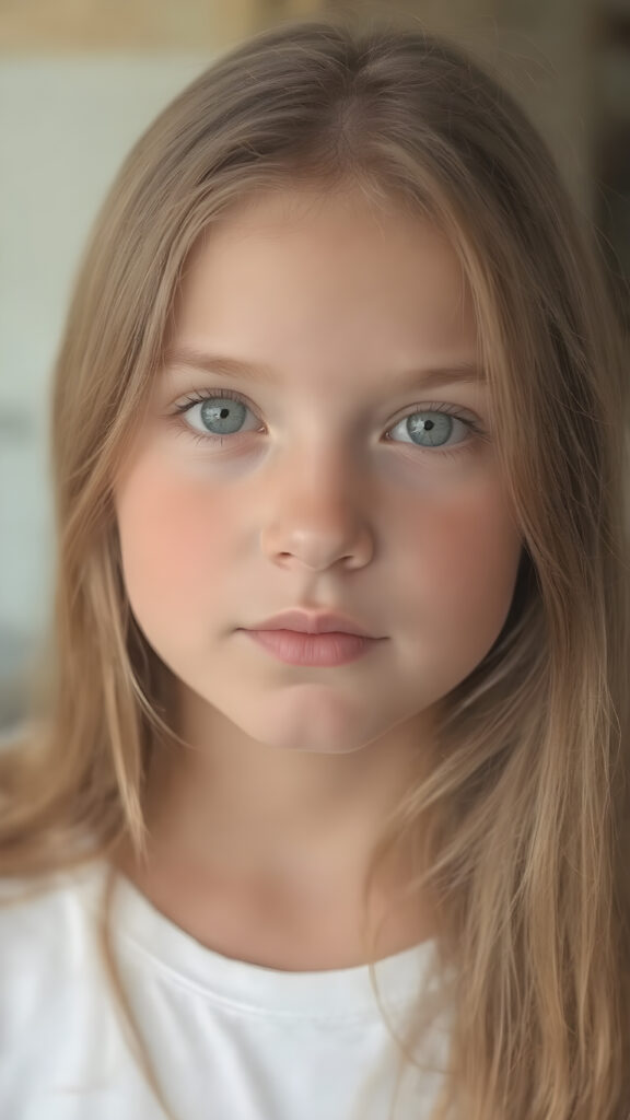 a (detailed portrait) from a tanned (young innocent girl), round, angelic face, flawless soft skin, long soft straight light brown hair, white t-shirt, light blue eyes, (full kissable lips)