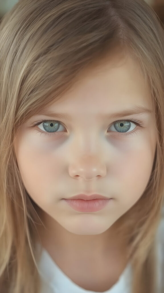 a (detailed portrait) from a tanned (young innocent girl), round, angelic face, flawless soft skin, long soft straight light brown hair, white t-shirt, light blue eyes, (full kissable lips)