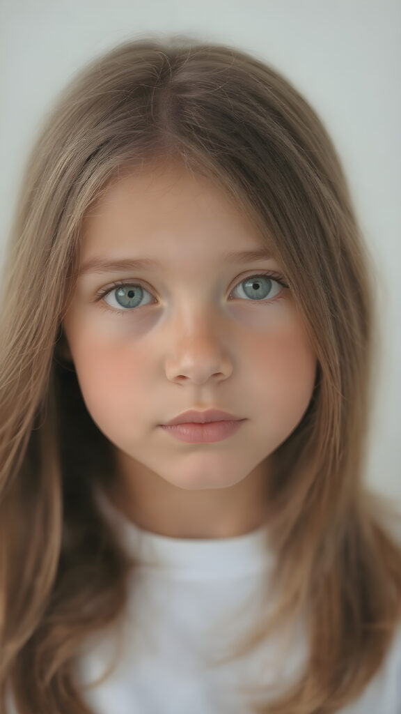 a (detailed portrait) from a tanned (young innocent girl), round, angelic face, flawless soft skin, long soft straight light brown hair, white t-shirt, light blue eyes, (full kissable lips)