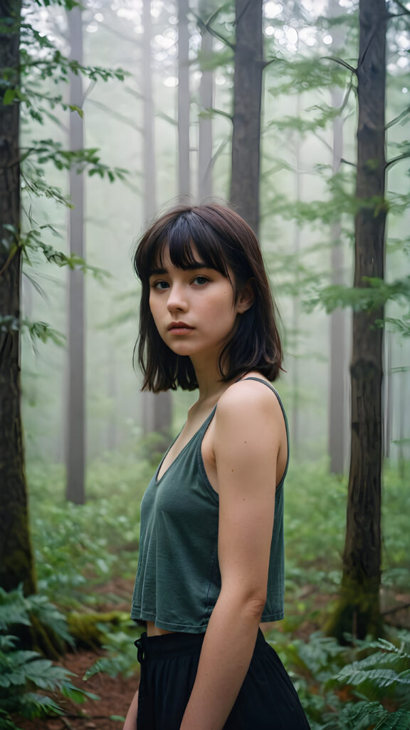 a detailed portrait (((young teenage girl))) with soft, black, shoulder-length hair and a tapered fringe, standing in a (((big, foggy forest))), exuding a sense of loneliness and isolation, dressed in a cropped tank top, deep v-neck, her figure eliciting (((stunningly gorgeous)))); the scene oozes a feeling of melancholy and unease