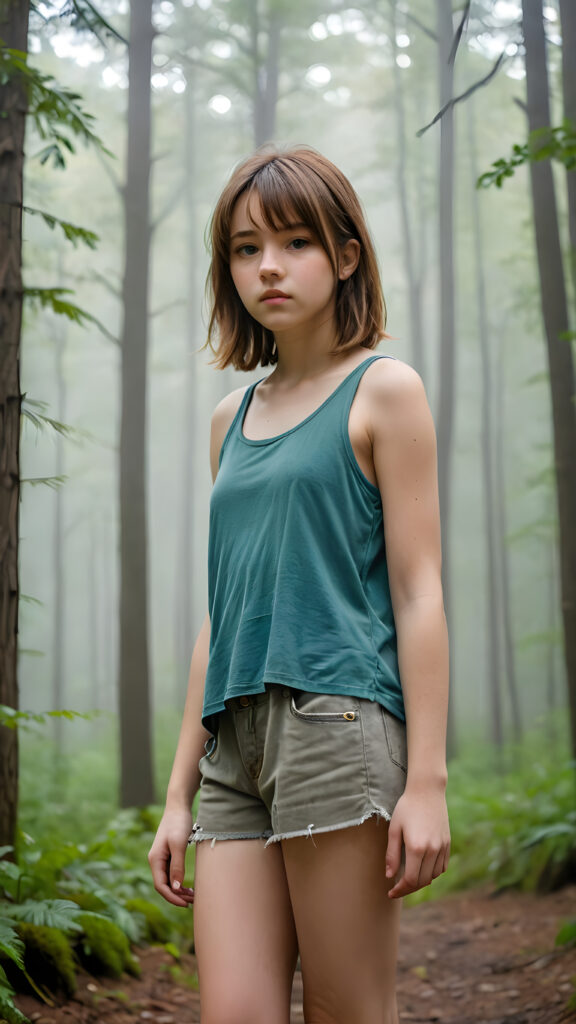 a detailed portrait (((young teenage girl))) with soft, amber, shoulder-length hair and a tapered fringe, standing in a (((big, foggy forest))), exuding a sense of loneliness and isolation, dressed in tattered tank top, her figure eliciting (((stunningly gorgeous)))); the scene oozes a feeling of melancholy and unease