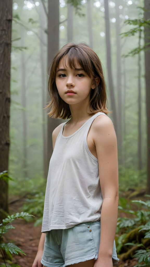 a detailed portrait (((young teenage girl))) with soft, amber, shoulder-length hair and a tapered fringe, standing in a (((big, foggy forest))), exuding a sense of loneliness and isolation, dressed in tattered tank top, her figure eliciting (((stunningly gorgeous)))); the scene oozes a feeling of melancholy and unease