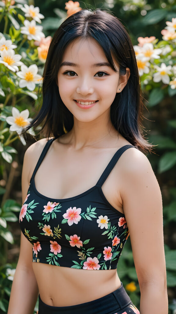 a detailed teen e-girl, soft black straight hair, she wears a skin-tight, form-fitting crop top with a floral pattern, smile