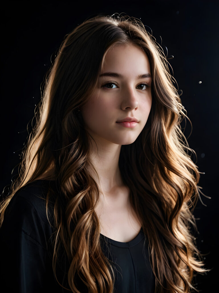 a dream teen girl, long weavy hair, bright light falls on the object, ((black background)) ((detailed)) ((upper body))