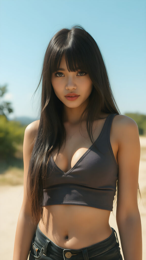 a cinematic (((extremely detailed and realistic full body photograph))), featuring a (((cute well-busty girl))) with (((long, straight soft black hair))), luxurious and glossy lips, clad in a (((deep v-neck cropped tank top))), ((letting her shoulders and abs show through her hair)), paired with (((black tattered denim shorts)), posed casually in a (warm sunny day) under a clear blue sky