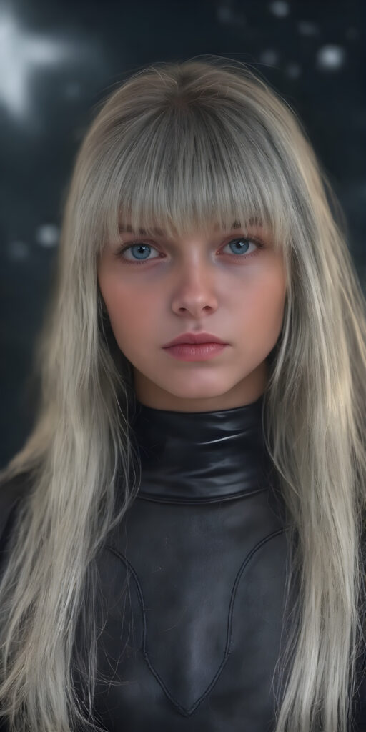 a (((fantastic young teen girl))) with a sleek, ((black thin leader armor)), in a (super detailed, high-resolution, full-body shot), under a (softly glowing starry night sky backdrop), illustrating a sense of (extreme detail and advanced technology) that captures the essence of a (realistic, space fantasy) visual masterpiece, she has very long straight soft white hair, bangs, full kissable lips