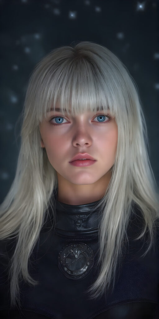 a (((fantastic young teen girl))) with a sleek, ((black thin leader armor)), in a (super detailed, high-resolution, full-body shot), under a (softly glowing starry night sky backdrop), illustrating a sense of (extreme detail and advanced technology) that captures the essence of a (realistic, space fantasy) visual masterpiece, she has very long straight soft white hair, bangs, full kissable lips