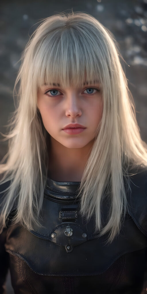 a (((fantastic young teen girl))) with a sleek, ((black thin leader armor)), in a (super detailed, high-resolution, full-body shot), under a (softly glowing starry night sky backdrop), illustrating a sense of (extreme detail and advanced technology) that captures the essence of a (realistic, space fantasy) visual masterpiece, she has very long straight soft white hair, bangs, full kissable lips