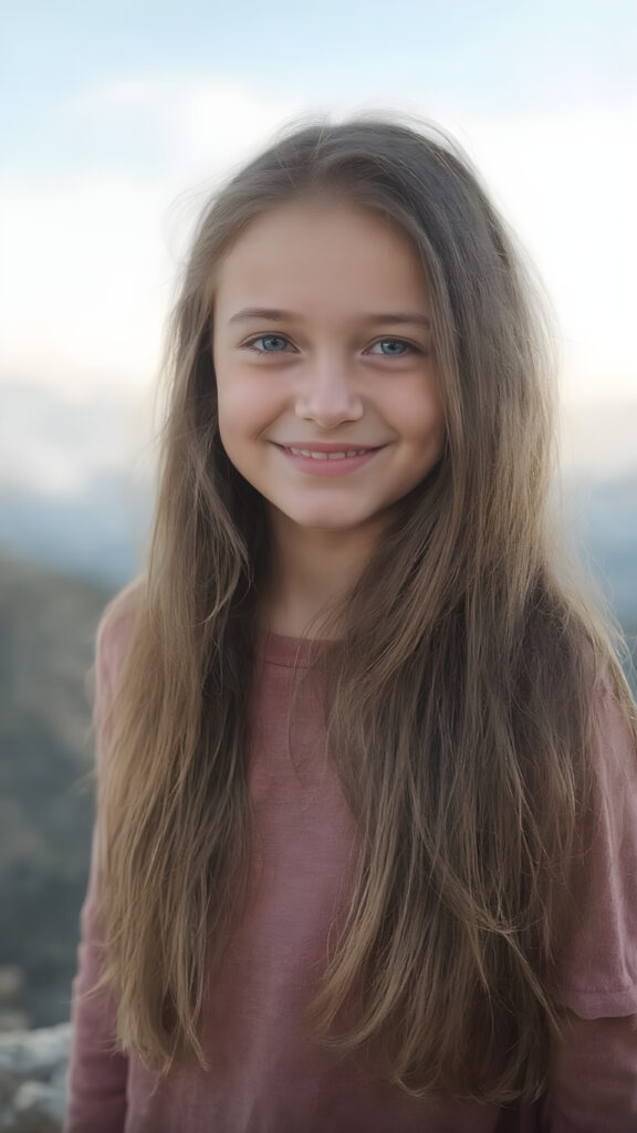 a fantastic, imaginative, cheeky girl with long, brown hair stands on a mountain, she has long, straight fine hair and smiles